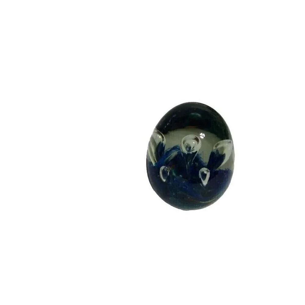 Blue Egg Shape Art Glass Paperweight Controlled Bubbles Design‎ Handcrafted